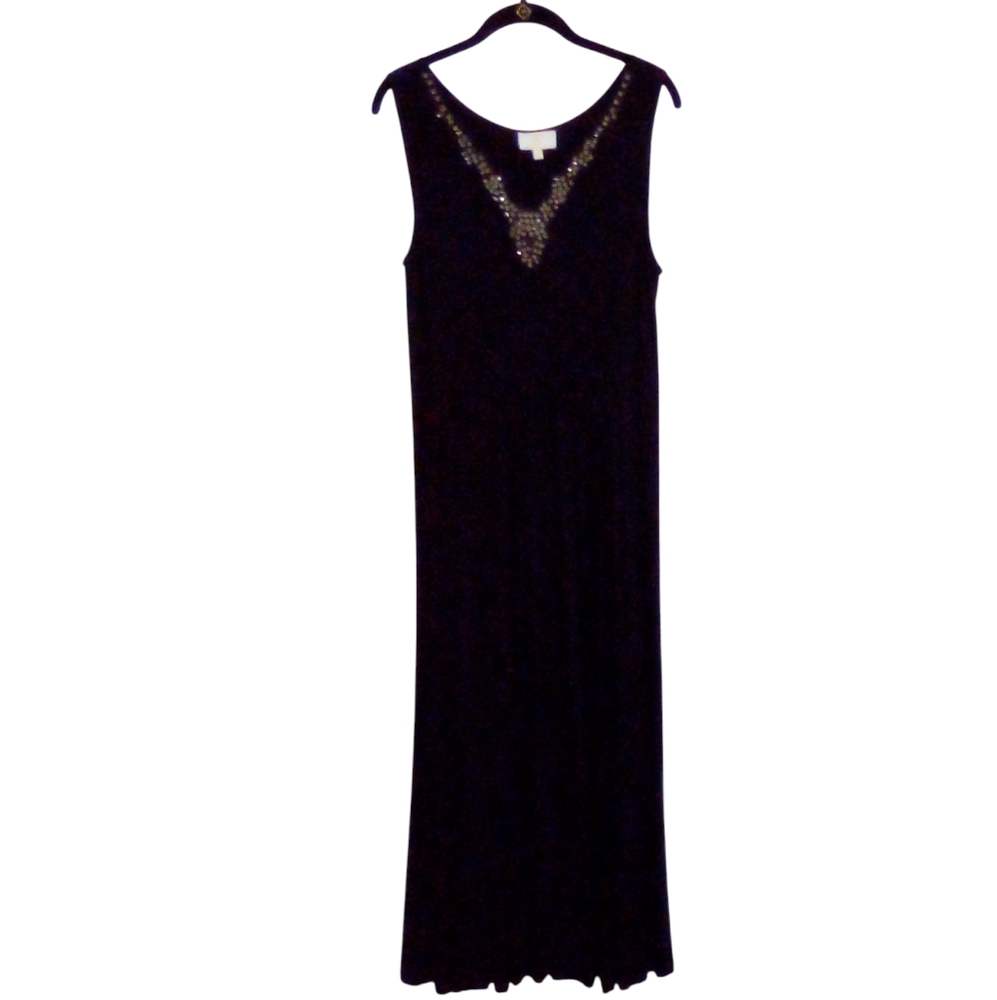 90s Vintage Liz Lange Black Whimsigoth Witchy Embellished Stretch Maxi Dress PM